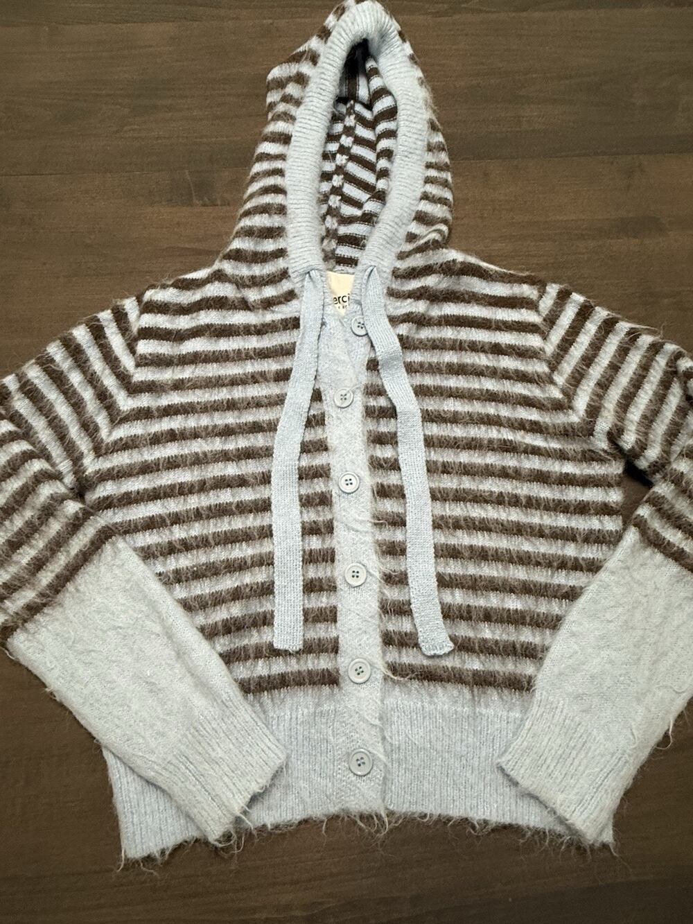&Merci Womens Blue Brown Striped Long Sleeve Button Up Cardigan Sweater Size M